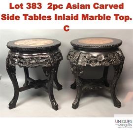 Lot 383 2pc Asian Carved Side Tables Inlaid Marble Top. C