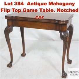Lot 384 Antique Mahogany Flip Top Game Table. Notched cor