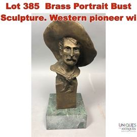 Lot 385 Brass Portrait Bust Sculpture. Western pioneer wi