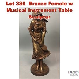 Lot 386 Bronze Female w Musical Instrument Table Sculptur