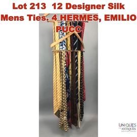 Lot 213 12 Designer Silk Mens Ties. 4 HERMES, EMILIO PUCC