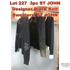 Lot 227 3pc ST JOHN Designer Black Knit Sweaters. ST JOHN