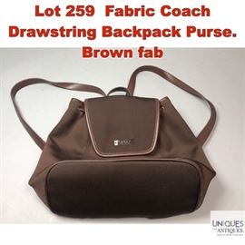 Lot 259 Fabric Coach Drawstring Backpack Purse. Brown fab