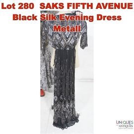 Lot 280 SAKS FIFTH AVENUE Black Silk Evening Dress Metall