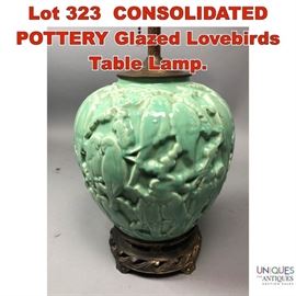 Lot 323 CONSOLIDATED POTTERY Glazed Lovebirds Table Lamp.