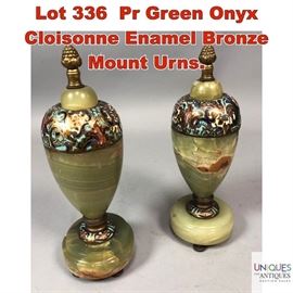 Lot 336 Pr Green Onyx Cloisonne Enamel Bronze Mount Urns.
