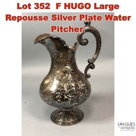 Lot 352 F HUGO Large Repousse Silver Plate Water Pitcher.