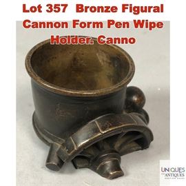 Lot 357 Bronze Figural Cannon Form Pen Wipe Holder. Canno