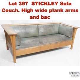 Lot 397 STICKLEY Sofa Couch. High wide plank arms and bac