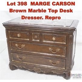 Lot 398 MARGE CARSON Brown Marble Top Desk Dresser. Repro