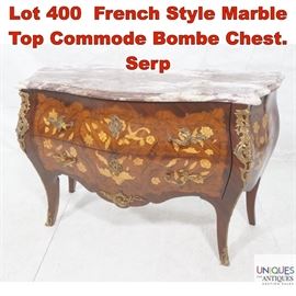 Lot 400 French Style Marble Top Commode Bombe Chest. Serp