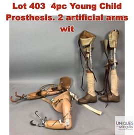 Lot 403 4pc Young Child Prosthesis. 2 artificial arms wit