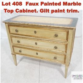 Lot 408 Faux Painted Marble Top Cabinet. Gilt paint trim.