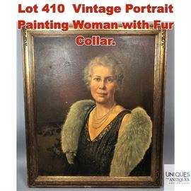 Lot 410 Vintage Portrait Painting Woman with Fur Collar.