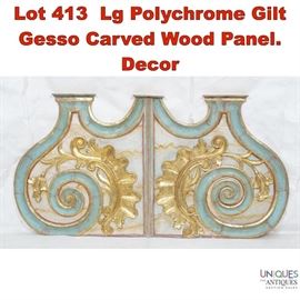 Lot 413 Lg Polychrome Gilt Gesso Carved Wood Panel. Decor