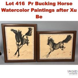 Lot 416 Pr Bucking Horse Watercolor Paintings after Xu Be