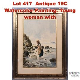 Lot 417 Antique 19C Watercolor Painting. Young woman with