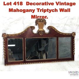 Lot 418 Decorative Vintage Mahogany Triptych Wall Mirror.