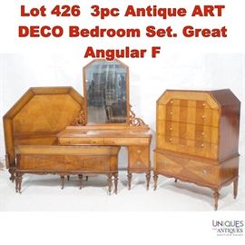 Lot 426 3pc Antique ART DECO Bedroom Set. Great Angular F