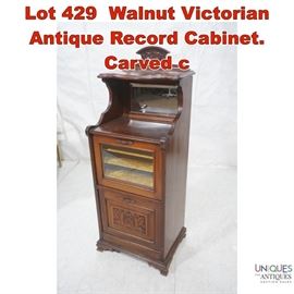 Lot 429 Walnut Victorian Antique Record Cabinet. Carved c