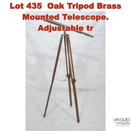 Lot 435 Oak Tripod Brass Mounted Telescope. Adjustable tr