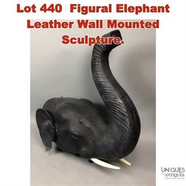 Lot 440 Figural Elephant Leather Wall Mounted Sculpture.