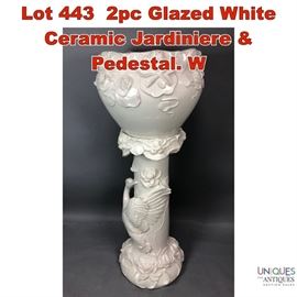 Lot 443 2pc Glazed White Ceramic Jardiniere Pedestal. W