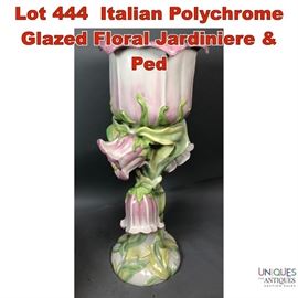 Lot 444 Italian Polychrome Glazed Floral Jardiniere Ped