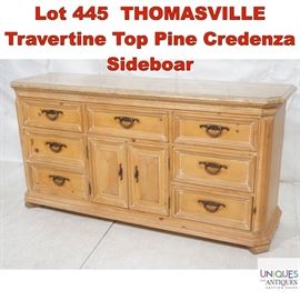 Lot 445 THOMASVILLE Travertine Top Pine Credenza Sideboar