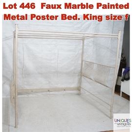 Lot 446 Faux Marble Painted Metal Poster Bed. King size f