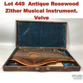 Lot 449 Antique Rosewood Zither Musical Instrument. Velve