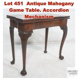 Lot 451 Antique Mahogany Game Table. Accordion Mechanism