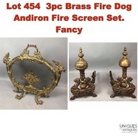 Lot 454 3pc Brass Fire Dog Andiron Fire Screen Set. Fancy
