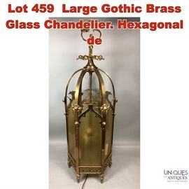 Lot 459 Large Gothic Brass Glass Chandelier. Hexagonal de