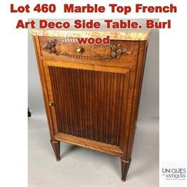 Lot 460 Marble Top French Art Deco Side Table. Burl wood