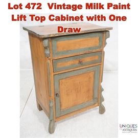 Lot 472 Vintage Milk Paint Lift Top Cabinet with One Draw