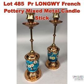 Lot 485 Pr LONGWY French Pottery Mixed Metal Candle Stick