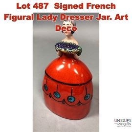 Lot 487 Signed French Figural Lady Dresser Jar. Art Deco