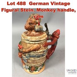 Lot 488 German Vintage Figural Stein. Monkey handle, ram