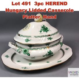 Lot 491 3pc HEREND Hungary Lidded Casserole Platter. Hand