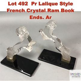 Lot 492 Pr Lalique Style French Crystal Ram Book Ends. Ar