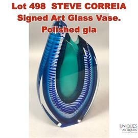 Lot 498 STEVE CORREIA Signed Art Glass Vase. Polished gla