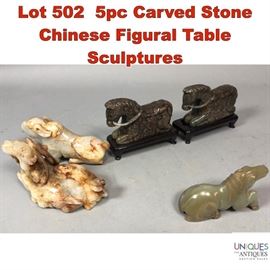 Lot 502 5pc Carved Stone Chinese Figural Table Sculptures