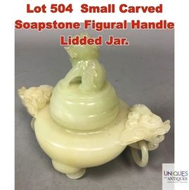 Lot 504 Small Carved Soapstone Figural Handle Lidded Jar.