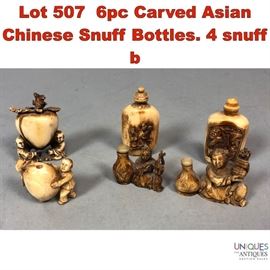 Lot 507 6pc Carved Asian Chinese Snuff Bottles. 4 snuff b