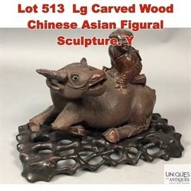Lot 513 Lg Carved Wood Chinese Asian Figural Sculpture. Y