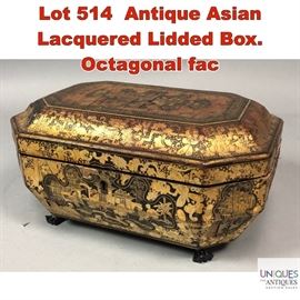 Lot 514 Antique Asian Lacquered Lidded Box. Octagonal fac