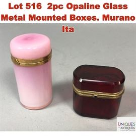 Lot 516 2pc Opaline Glass Metal Mounted Boxes. Murano Ita