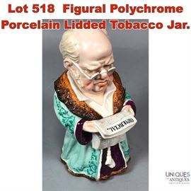 Lot 518 Figural Polychrome Porcelain Lidded Tobacco Jar.