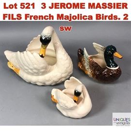 Lot 521 3 JEROME MASSIER FILS French Majolica Birds. 2 sw